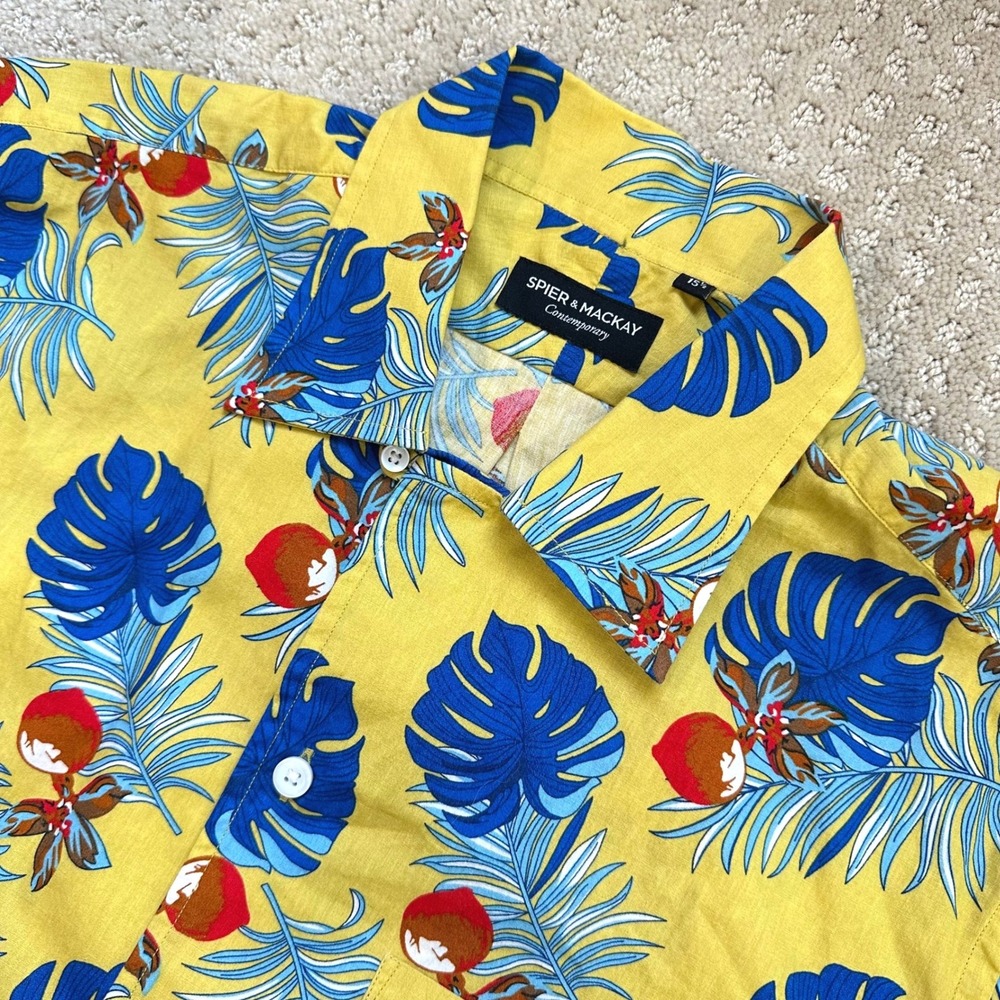 Spier & Mackay Hawaiian Shirt Mens 15.5 Small‎ Yellow Floral Contemporary Cotton